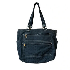 Fossil Tote Bag Modern Vintage Black Logo Fabric Canvas Straps Zip Pocket